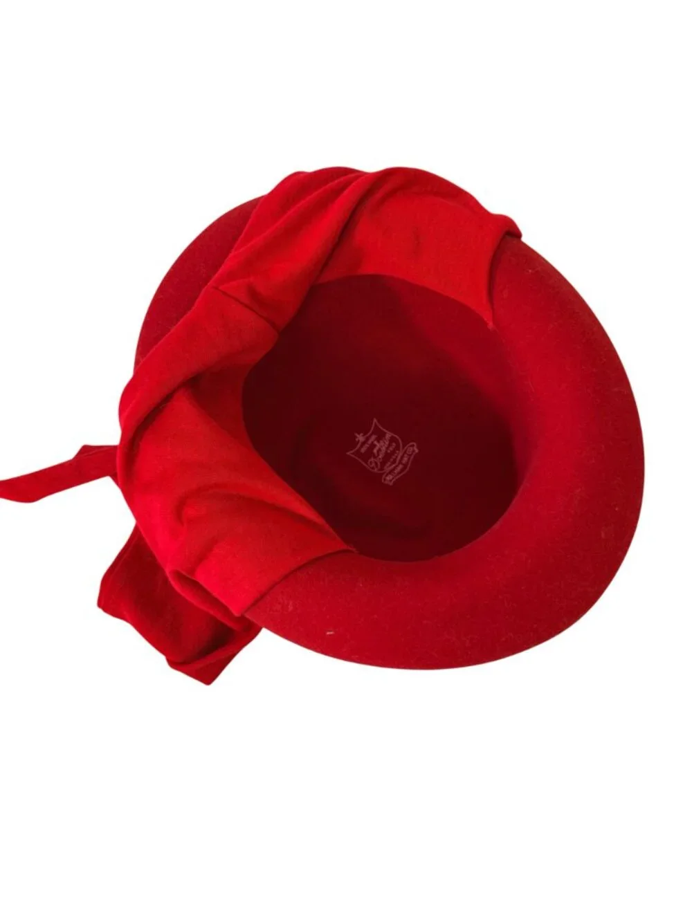 Red DoeSkin Wool Felt Church Hat VTG Scarf Tie Cloche by Bollman USA Millinery